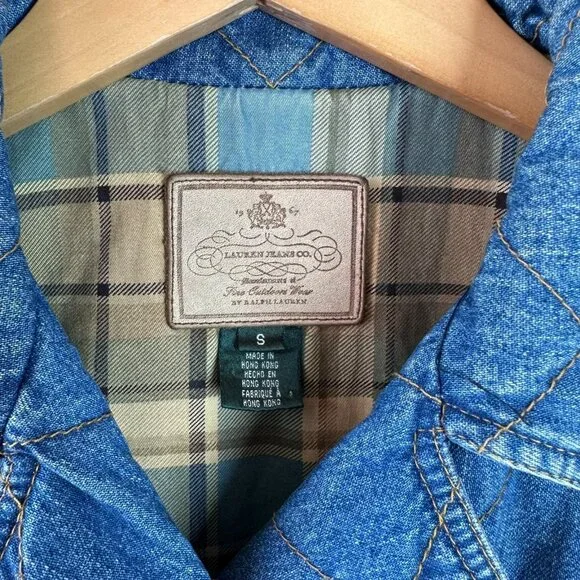 Vintage Ralph Lauren Quilted Denim Jacket Chore Barn Blue Plaid Lined Women’s S - Picture 4 of 6